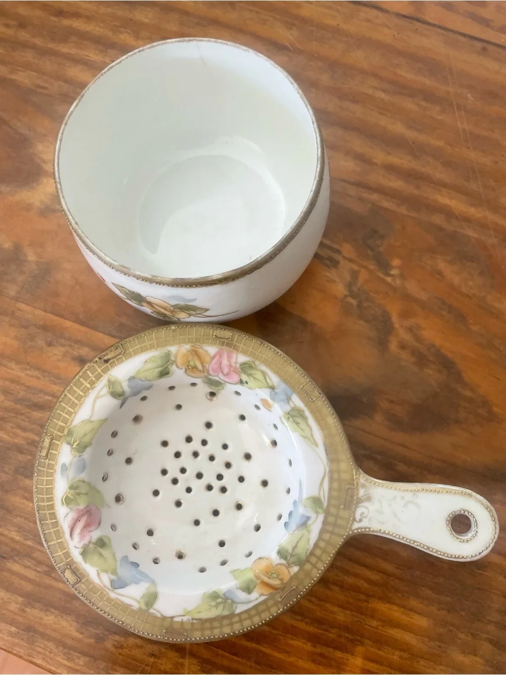 Vintage Handpainted Porcelain Tea Strainer & drip bowl with Floral accents RARE